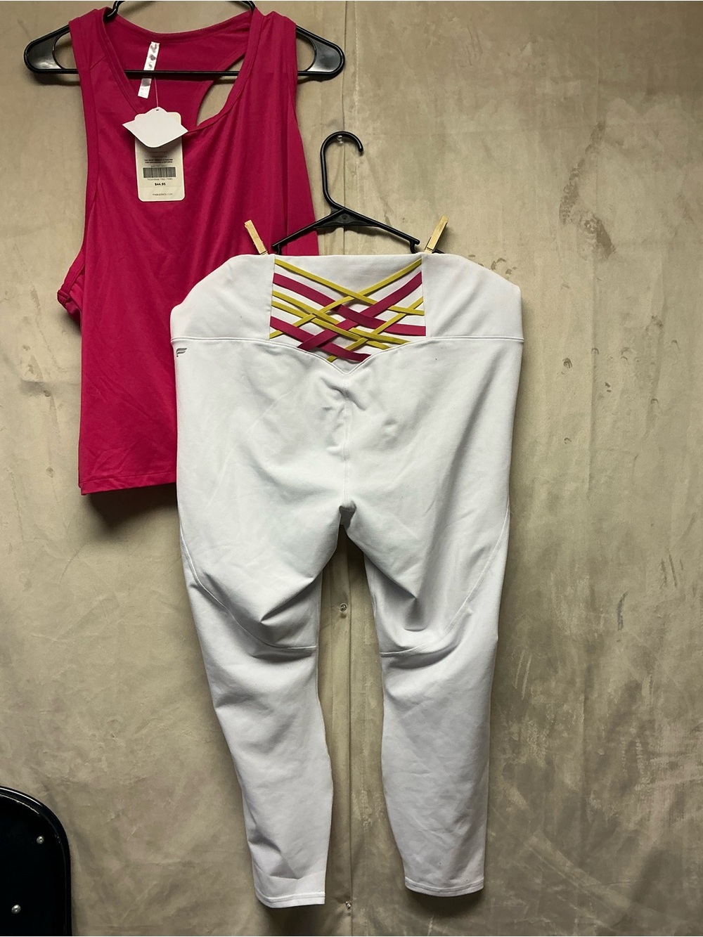 Fabletics White Capri Leggings with Pink & Yellow Lattice Back